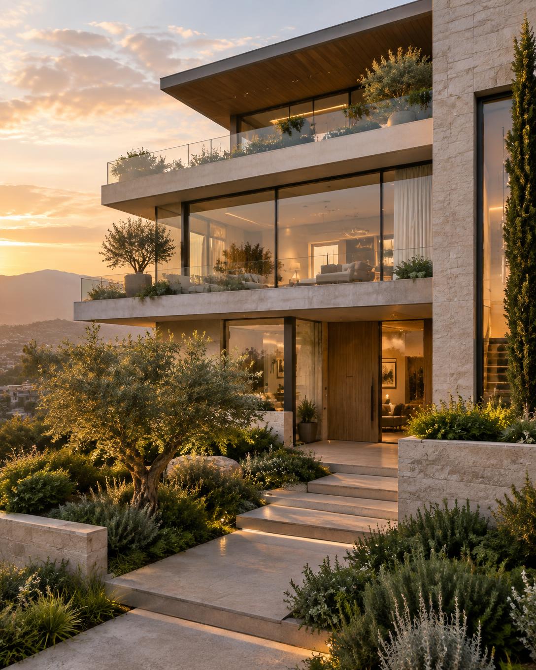Arquitectura residencial contemporánea con terrazas y jardines al atardecer