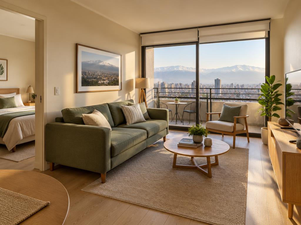 Living de departamento con sofá verde salvia, mesa de madera y balcón con vista a la ciudad